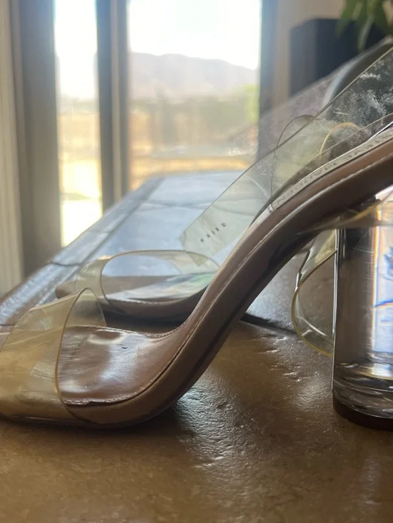 Steve Madden Clear PVC Block Heel Sandal with Tan Footbed - Picture 4 of 4